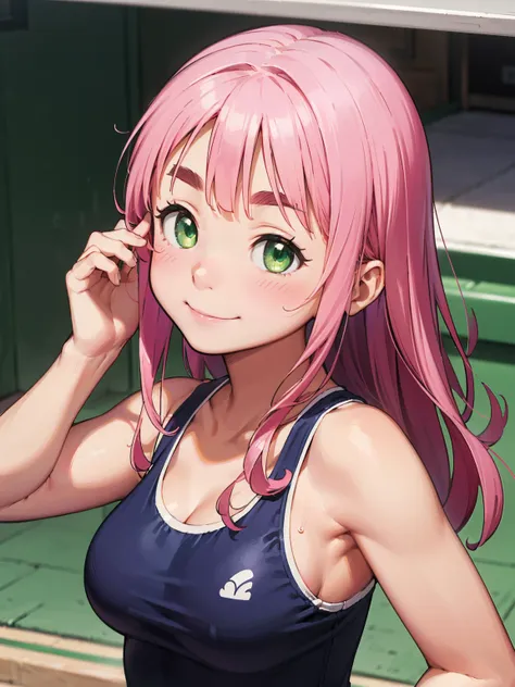 8K quality,(super masterpiece:1.3),Highest quality,Detailed Images,1 female,symmetrical beauty,10th Generation,Medium build,(smile,smile),(Pink Hair,Long Hair),(Thick eyebrows,Thick eyebrows),(Droopy eyes,Green Eyes,Green Eyes,Bright Eyes),(Large Breasts,F...