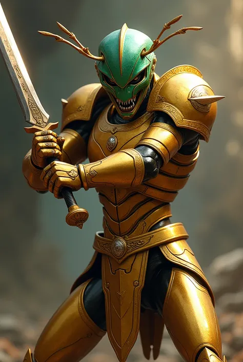 Ant in golden armor with a green helmet a shiny sword very angry in attack position