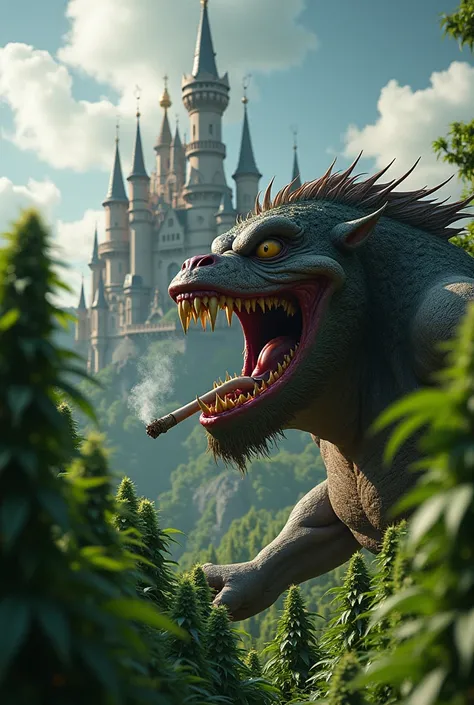 Disney monster from the front with big fangs smoking marijuana, castle in the background with marijuana plantation blooming