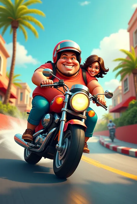 Fat guy carrying his beautiful girlfriend on a motorbike and wearing a cute helmet Cartoon photo 