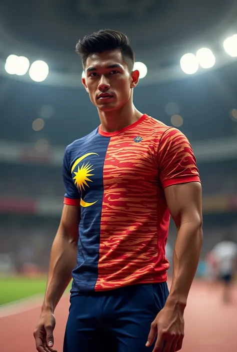 olympic athlete with Malaysia uniform handsome with black hair slim and nice body