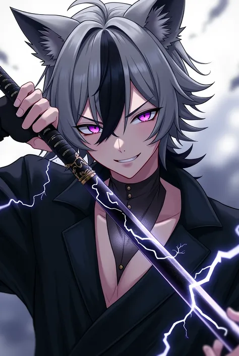 Create for me a character with monochrome, one eye is purple and the other is gray, his hair is gray with a small streak of black, he makes him smile with wolf fangs, the character is male and I want it in the anime style, now make him full body with the s...