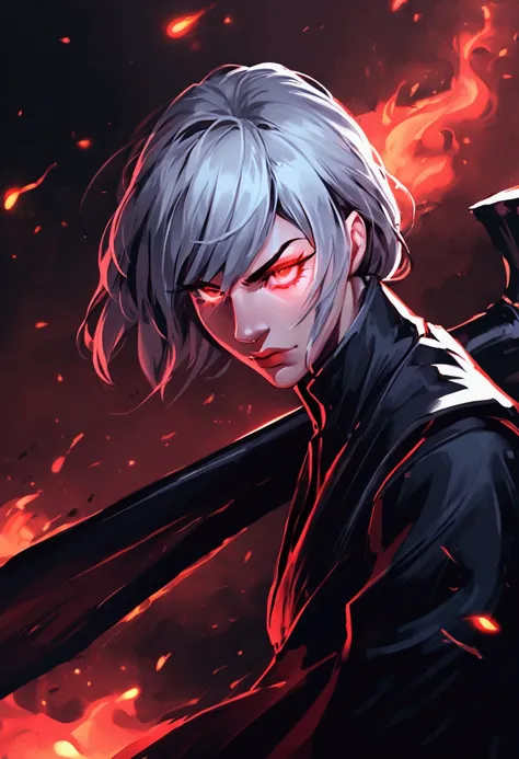 A highly detailed digital artwork of a fierce young woman with long, silver hair, glowing red eyes, and a scarred face. She is wearing a dark red military-style outfit, with intricate metal accessories and a battle-worn appearance. The scene is set in the ...