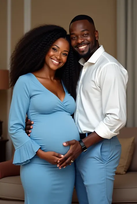 A pregnant African American woman wearing  a skyblue fitted dress, full sleeves and accessories wearing a long bone straight wig with her husband wearing a white shirt and a similar sky blue colored trouser