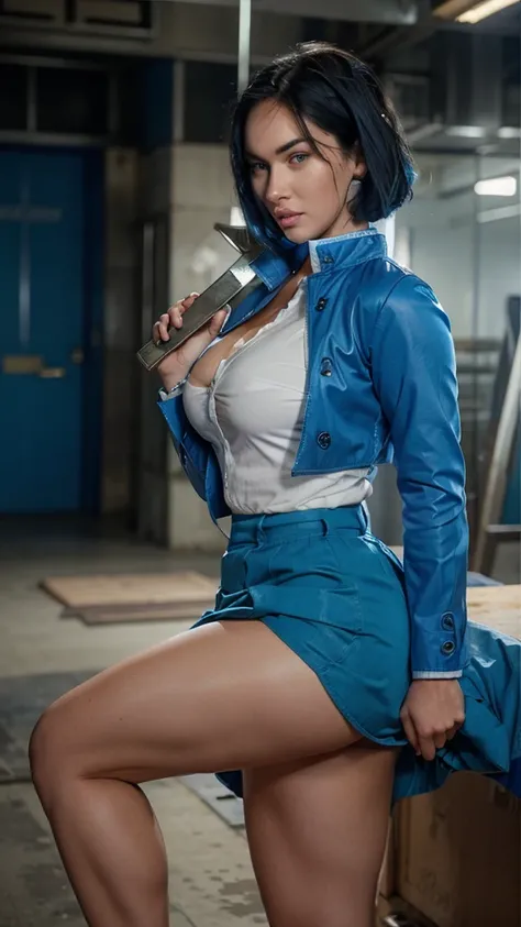 Megan Fox wearing blue skirt and blue jacket white shirt inside, thick body, short hair, holding hammer, looking at you, face fix, no cross eyes, detailed picture 