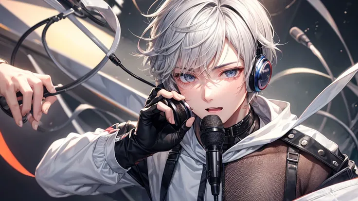 A man with short silver hair and slanted eyes singing with a microphone、headphone、Blushing, 