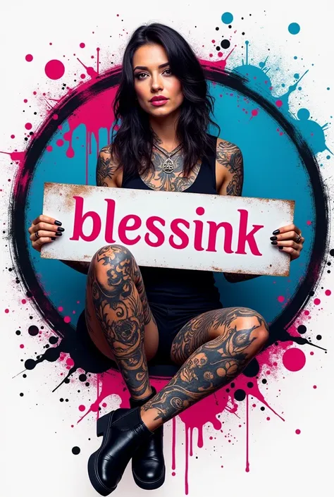 Circle logo image with spilled paint splatter, in which there is a woman with tattoos sitting holding a banner that says "blessink tattoo" Blue pink and black colors