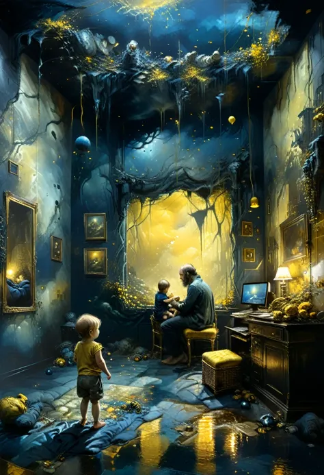 daddy with a baby kid playing on a room while on smartphone, while playing web3 games, mysterious atmosphere, deep dark blue and...