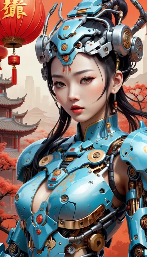 intricate illustration in surrealist art style，mecha girl，chinese woman, cyborg in chinese culture style, full background