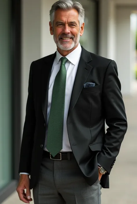 Brown man with white dress shirt, black blazer, green tie and gray pants 