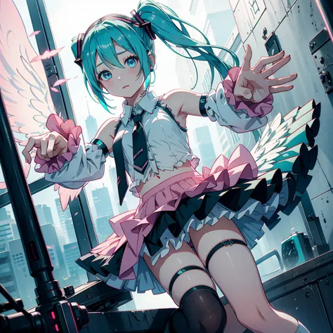 1girl, solo, Hatsune Miku_skirt, wings, gothic, white_wings, pink_top, short_skirt, frills