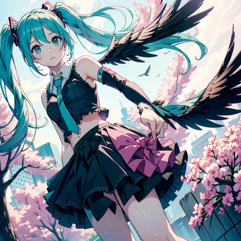 1girl, solo, Hatsune Miku_skirt, wings, gothic, white_wings, pink_top, short_skirt, frills