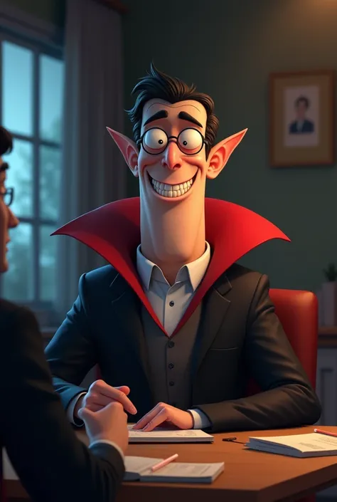 A cartoon vampire with a prominent butt chin, in a well lit room during a zoom meeting