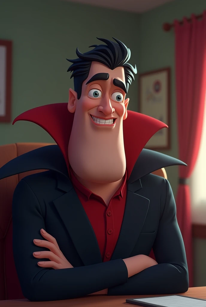 A cartoon vampire with a prominent butt chin, in a well lit room during a zoom meeting