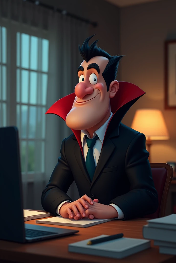 A cartoon vampire with a prominent butt chin, in a well lit room during a zoom meeting