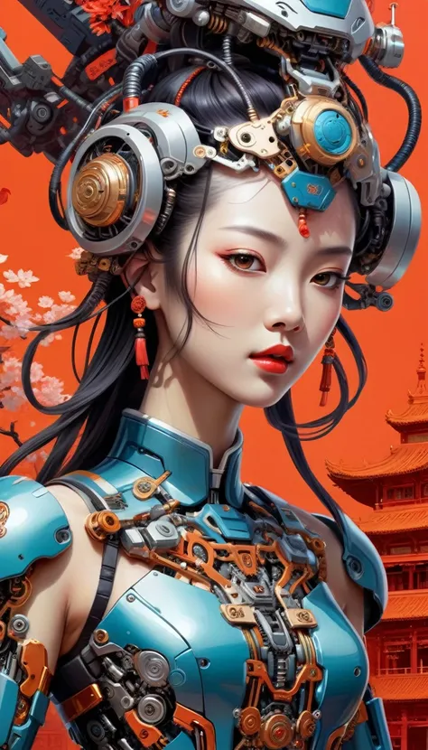 Intricate illustration in surrealist art style，mecha girl，Chinese woman, Cyborg in Chinese culture style, full background