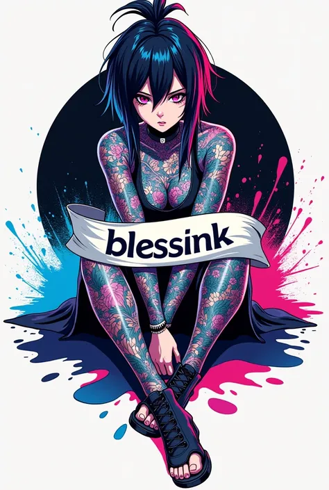 Circle logo image with spilled paint splatter, in which there is a Japanese anime with tattoos sitting while carrying a banner that says "blessink tattoo" Blue pink and black colors