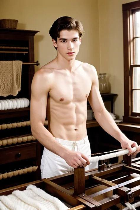 young, Beautiful, handsome, white, skinny, soft skin, beautiful face, shirtless, watching his grandmother weave her clothes on an antique knitting machine