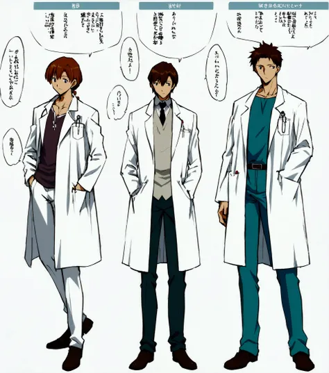 fine details. yayoi kasuma,  by Akihiko Yoshida, yayoi kasuma, male protagonist 👀 :8, a close up of three different types of medical uniforms, (brown hair:1.3), with a lab coat, doctor, labcoats, wearing lab coat and a blouse, wearing a labcoat, (doctor), ...