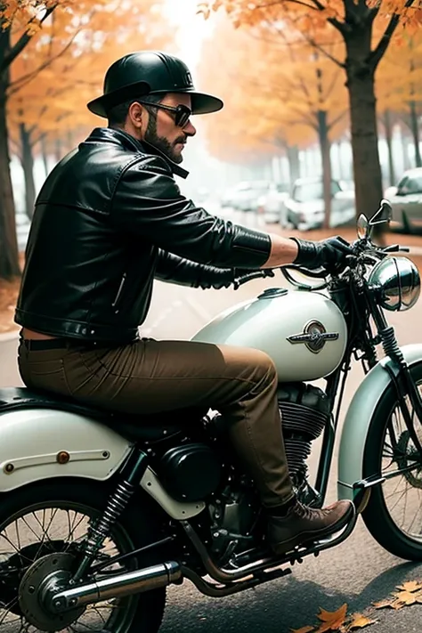 Biker rides a very old motorcycle, vintage bike, autumn