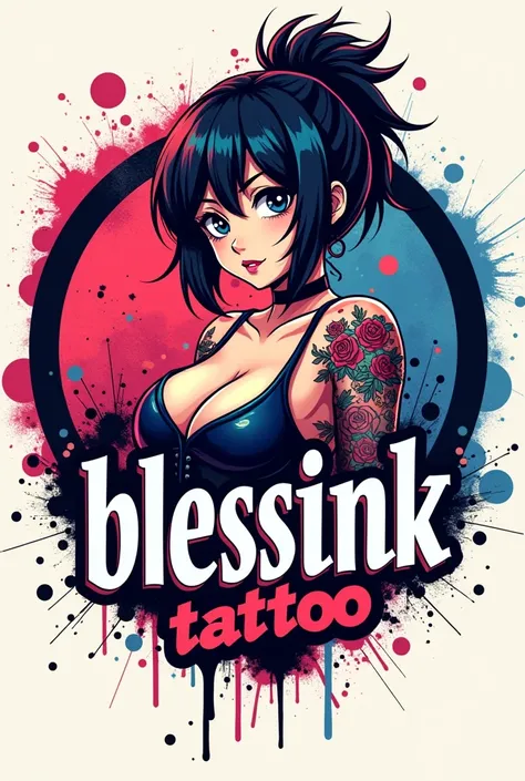 Circle logo image with spilled paint splatter, inside there is a Japanese anime with a tattoo and on the back there is big writing "blessink tattoo" Red blue pink color