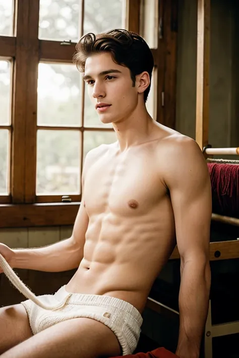 young, Beautiful, handsome, white, skinny, soft skin, beautiful face, shirtless, watching his grandmother weave her clothes on an antique knitting machine