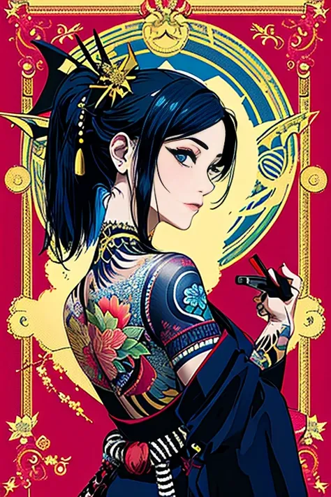 (Masterpiece artwork, top-quality, best qualityer, offcial art, beautiful and aesthetic: 1.2), 1, tatoo, standing alone, Japanese clothing, hair ornament, desemscabbardmento, Bblack hair, scabbard, tatoo nas costas, blue colored eyes, Off The Shoulder, bar...