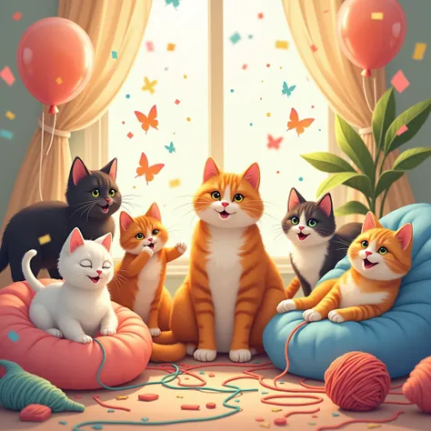 A lively, heartwarming illustration commemorating International Cat Day. The picture showcases various playful cats of different breeds and colors, happily interacting with their environment. The cats are participating in enjoyable activities such as chasi...