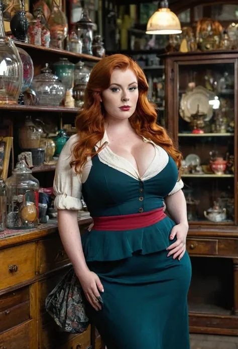 Full body shot of a beautiful redhead female with a curvy body and large breasts. Louise Robey from Friday the 13th:The Series. Standing in Curious Goods antique shop