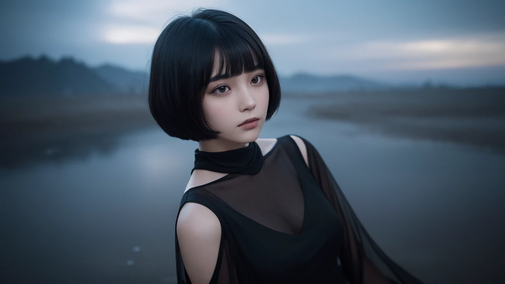 Delicate and dainty young woman with shiny bob-cut black hair . She is wearing black dress. The background is a fantastic and ethereal night sky that seems to be haunted by a specter. Her expression is stern and atmospheric. Angle from directly below.