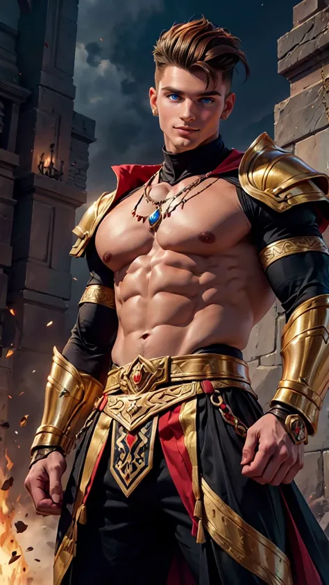 [Core Concept] A powerful and imposing warrior, exuding an aura of regal authority.

[Character Description] A striking figure, this man embodies the physicality of a twink - lithe and chiseled, with an undercut hairstyle in a vibrant orange hue. His pierc...