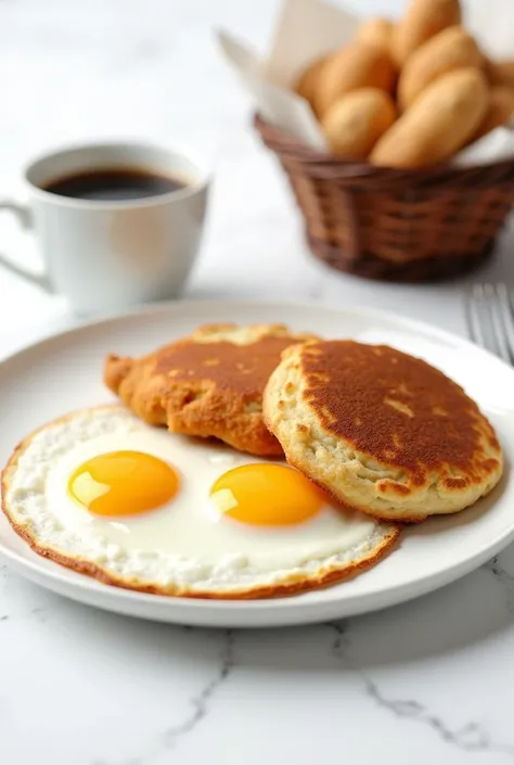 Create a hyperrealistic photograph of an American breakfast, on a large white plate, with two fried eggs, the stranger, hot cakes. Next to the plate with a white cup, full of black coffee and behind the plate there is a basket of bread. The photograph has ...