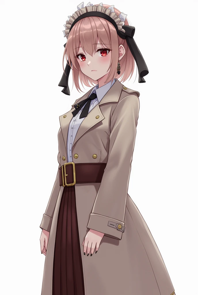 best quality,highly detailed,masterpiece,ultra-detailed,solo,(Delicate eyes),(white background:1.3),red eyes,standing,beltskirt,[trench coat:20],jewelry, mole_under_eye, looking_at_viewer, frilled_hairband,earrings