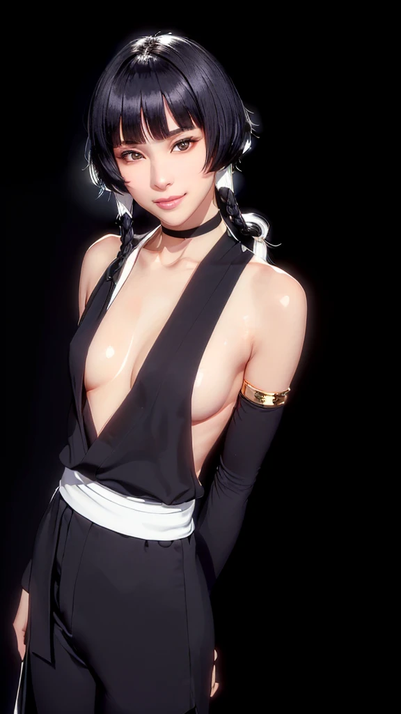 (（（Perfect body,White and tender skin,（（（japanese clothes, sideboob，Black top, Gold belt, black sleeves, black Japanese pants ）））,（（（sui-feng, short hair, short hair with long locks，Black hair））），((masterpiece)),high resolution, ((Best quality at best)),ma...