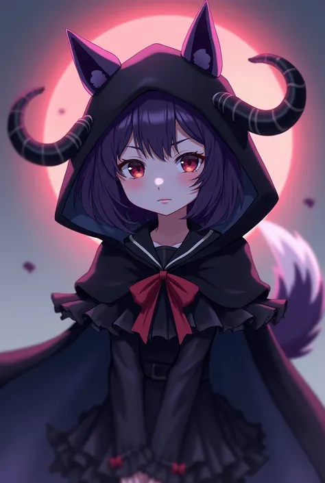 ((Loli)) ((high quality))   a dark girl anime with dark violet hair, wearing a black dress with some frills, dog ears, and a white curled dog tail, wearing a white mask with closed dog eyes that only covers the top part of her face, leaving her mouth expos...