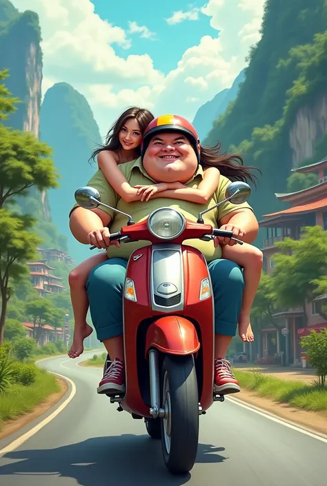 Fat guy carries beautiful girlfriend on motorbike wearing helmet all over Vietnam Cartoon Photo 