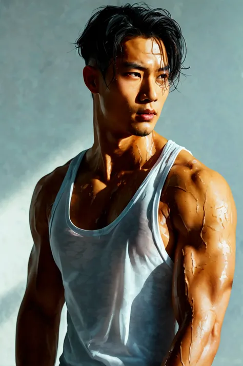 a handsome Asian man, he is wearing a springy white tank top, wet, standing on his back showing his ass, dramatic lighting, hyper-realistic, 8k, high quality, intricate details, cinematic composition, glowing skin, dramatic atmosphere, moody lighting , pho...