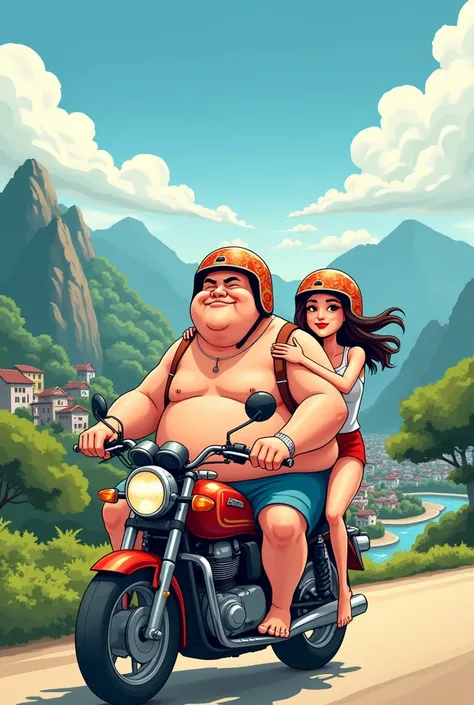 Fat guy carries beautiful girlfriend on motorbike wearing helmet all over Vietnam Cartoon Photo 