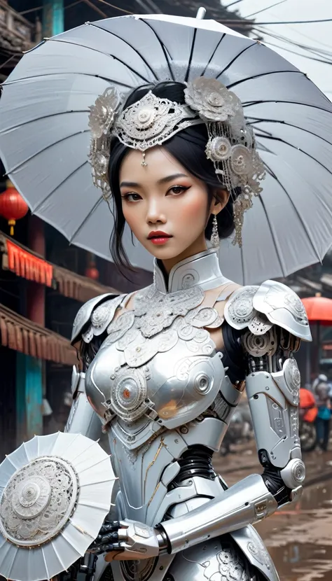 intricate illustration in surrealist art style，mecha girl，vietnamese woman, cyborg in vietnamese culture style, full background,...