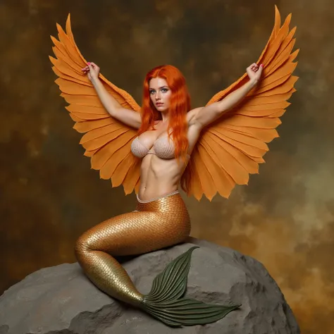 photo, stunner beauty, big boobs, orange winged mermaid, red foxy hair, unified mermaid tail, sitting on a rock