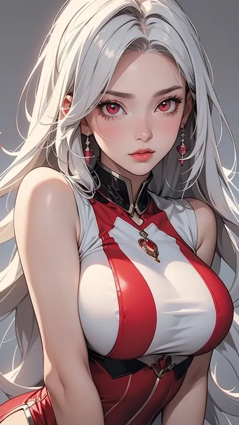 Detailed illustration in anime style. A young woman with long, flowing platinum hair. An intense, seductive expression with piercing red eyes and a hint of red on her cheeks. She wears an elegant, form-fitting, shimmering, sleeveless wrestling uniform in r...