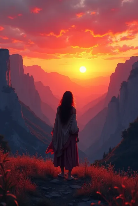 painting of a woman wear primitive clothes looking out over a valley at sunset, by Alena Aenami, art of alena aenami, inspired by Alena Aenami, rob rey, concept art artwork masterpiece, by Andreas Rocha, painted by andreas rocha, artistic. alena aenami, by...