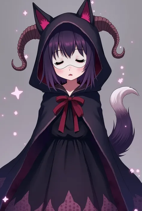 ((Loli)) ((high quality))   a dark girl anime with dark violet hair, wearing a black dress with some frills, dog ears, and a white curled dog tail, wearing a white mask with closed dog eyes that only covers the top part of her face, leaving her mouth expos...