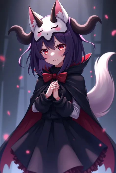 ((Loli)) ((high quality))   a dark girl anime with dark violet hair, wearing a black dress with some frills, dog ears, and a white curled dog tail, wearing a white mask with closed dog eyes that only covers the top part of her face, leaving her mouth expos...