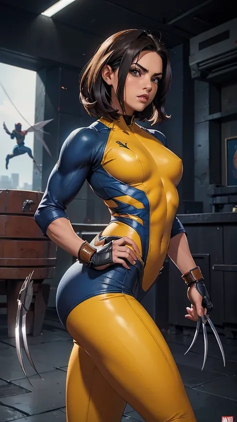 Wolverine, (Marvel comics), 1 girl, powerful, yellow classic sexy suit, classic mask, botas, garras perfectas, Young, skynny body, small and beautiful buttocks, toned abdomen, small and beautiful breasts, sensual, pose de artes marciales, patada alta, kick...