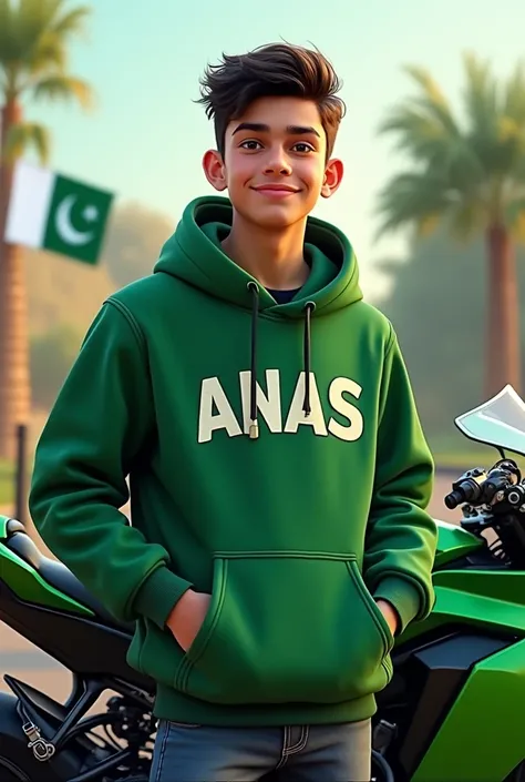 A cute 18 years old boy standing beside a green sports bike, wearing a green hoodie with the name ANAS written on it, with a Pakistan flag in the background."