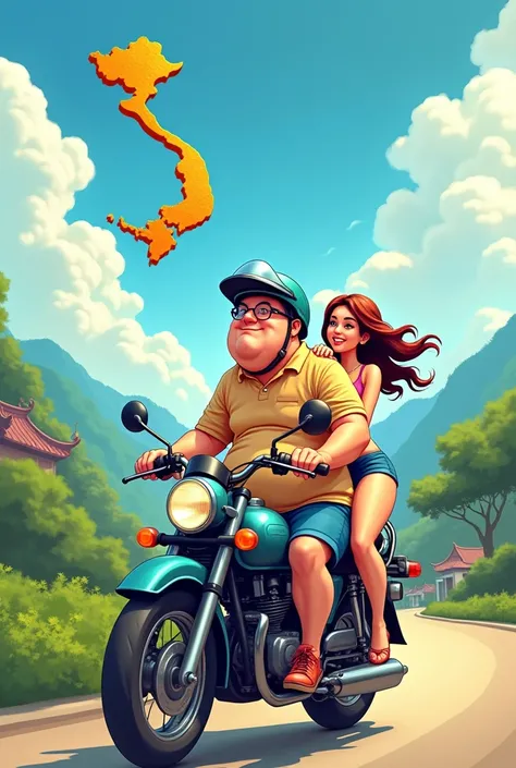 Fat guy carries his beautiful lover on a motorbike wearing a helmet around Vietnam Vietnam map in the sky Cartoon Image 