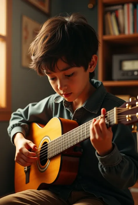 Child playing guitar in rehearsal room.