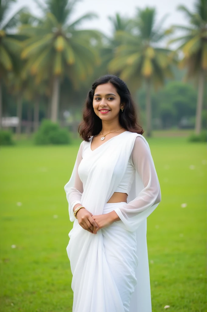 A teenage girl from Kerala with a cute smile, wearing a traditional white and , stands gracefully on a grassy field. Coconut trees sway in the background, and her impeccable sense of fashion shines through her elegant pose. Fuck