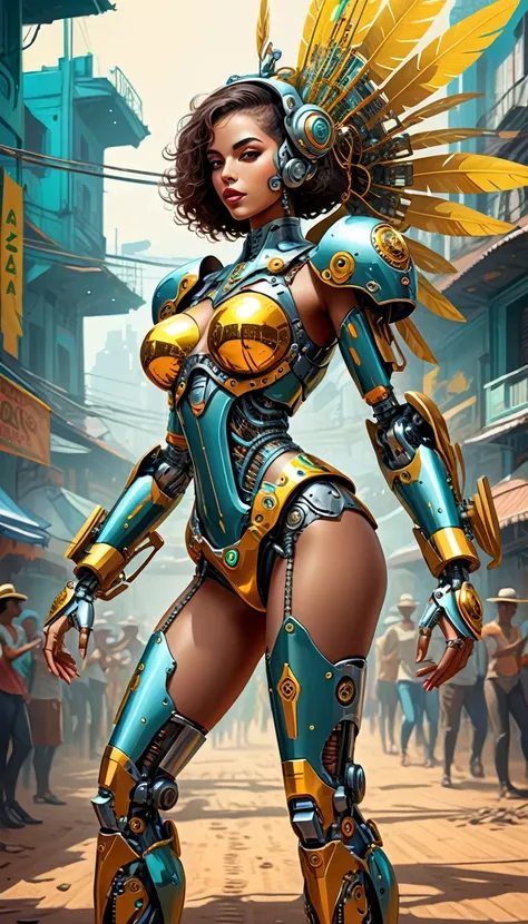 Intricate illustration in surrealist art style，mecha girl，Brazilian women, Cyborg in brazilian samba festival style, full background